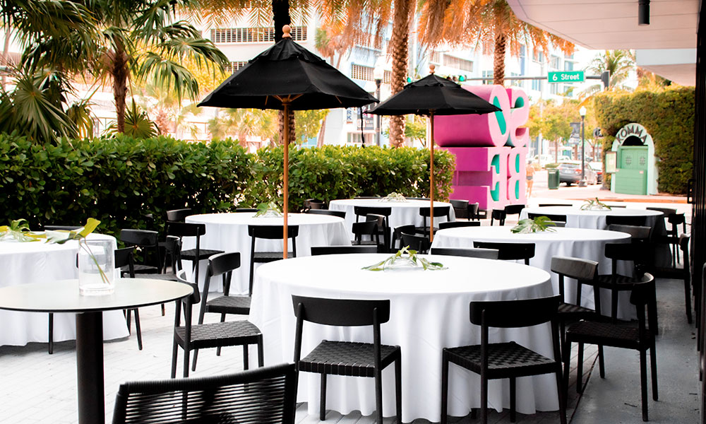 Reception Tables set-up on SoBe Terrace with view of street