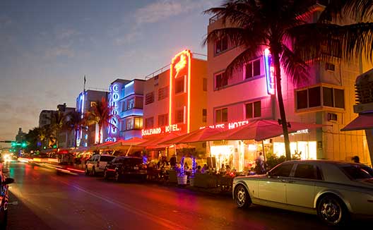 South Beach buildings lit up at night